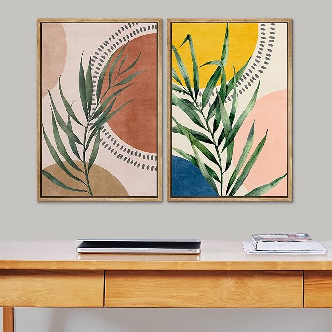 SIGNFORD Framed Canvas Print Wall Art Set Geometric Mid-Century Circle Plants Abstract Shapes Illustrations Modern Art Decorative Zen Bohemian for Living Room, Bedroom, Office - 24"x36"x2 Natural