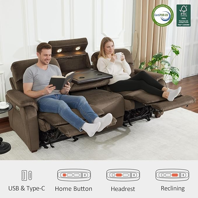 MCombo Wall Hugger Recliner Sofa with Drop Down Table, Power Reclining Sofa with Adjustable Headrest, USB A&C Charge Ports, Reading Lamp, Cup Holders, for Living Room, RVs (Fabric, ST258M3, Coffee)
