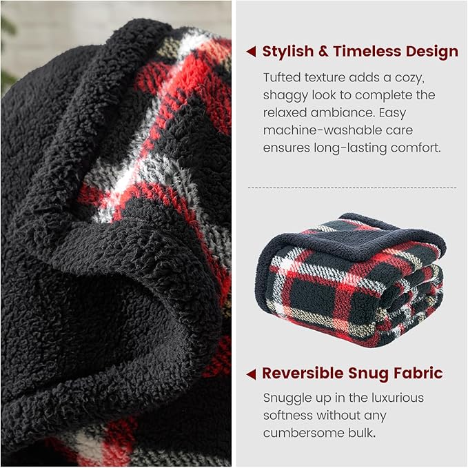 Cozy Bliss Luxury Sherpa Throw Blanket for Couch, Premium Reversible Buffalo Plaid Thick Throw, Warm Cozy Soft Blanket for Home and Gifts (Scotland Plaid Red, 50" x 60")