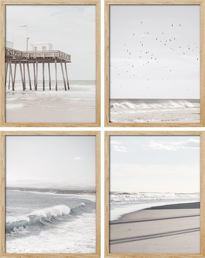 SIGNWIN Poster Bathroom Decor, Wall Art Room Decor Multicolor for Living Room, Bedroom, Office White Minimalist California Ocean Beach Seashore Pier Nature Wilderness Realism Landscape - 12"x16"x4