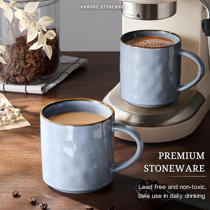 HaWare 14OZ Coffee Mugs Set of 6, Stoneware Coffee Cups with Handle, Latte Mug for Man, Woman, Dad, Mom, Modern Tea Mugs for Latte/Cappuccino/Cocoa/Milk, Dishwasher& Microwave Safe, Reactive Blue