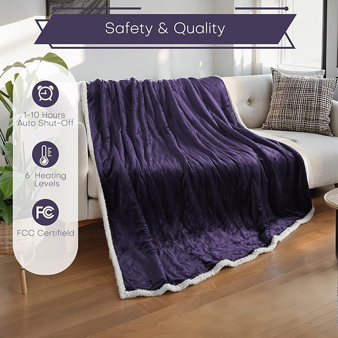 Electric Heated Blanket Full Size 72"x84" - Flannel & Sherpa Fabric Dual-Sided, 6 Heat Settings & 1-10 Hours Auto Off, Soft & Cozy Warming Throw for Home, Office, or Bed, Machine Washable, Purple