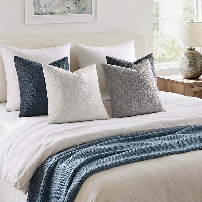 MIULEE Pack of 4 Decorative Textured Boucle Throw Pillow Covers 20x20 Inch Blue Gray Accent Solid Pillow Cases Soft Couch Cushion Covers for Modern Farmhouse Boho Chair Sofa Bed Livingroom Home Decor