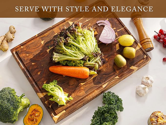 AZRHOM Thick End Grain Acacia Wood Cutting Board 20x15x2 In, Wooden Butcher Block, Chopping Board For Kitchen with Juice Groove Handles Non-Slip Pats (Gift Box)