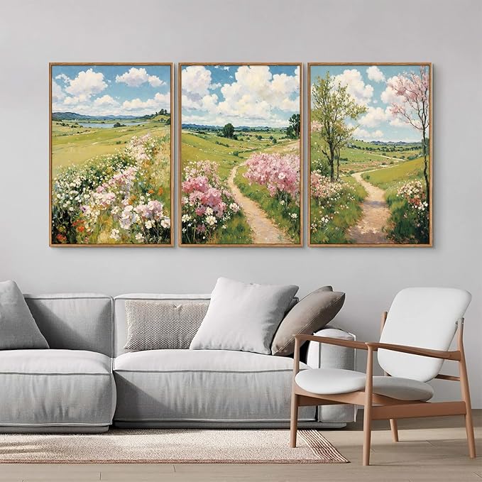 Tinonedraw Rustic Landscape Framed Canvas Wall Art Triptych, Blue and White Wall Decor, Vintage Botanical Floral Artwork, Modern Country Nature Farmhouse Art Prints for Living Room Bedroom 16"x24"x3