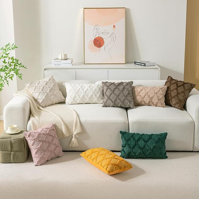 Set of 2 Soft Moroccan Throw Pillow Covers 20x20 Inch Plush Boho Decorative Pillow Cover Accent Cushion Case for Couch Sofa Bed, Beige