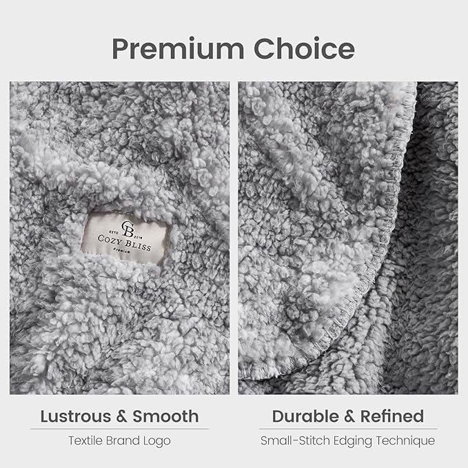 Cozy Bliss Luxury Sherpa Throw Blanket for Couch, Premium Reversible Plush Thick Throw, Warm Cozy Soft Blanket for Home and Gifts (Mottled Grey, 50" x 60")