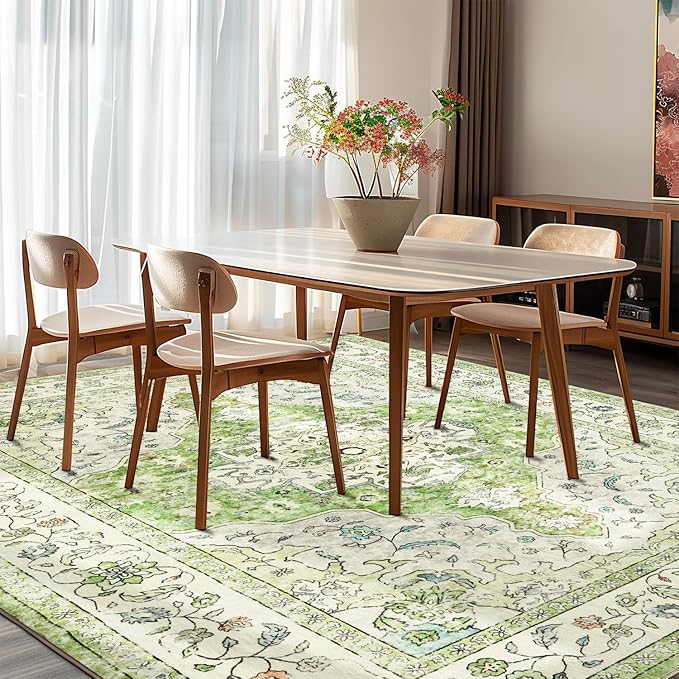 Topllen Washable Area Rug - 5'x7' Boho Living Room Rug, Non-Slip Soft Rugs Indoor for Bedroom Dining Room Office, Vintage Throw Large Carpet Stain Resistance (Green, 5x7ft)