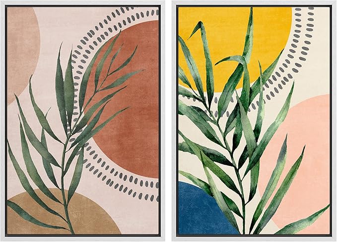 SIGNFORD Framed Canvas Print Wall Art Set Geometric Mid-Century Circle Plants Abstract Shapes Illustrations Modern Art Decorative Zen Bohemian for Living Room, Bedroom, Office - 24"x36"x2 White