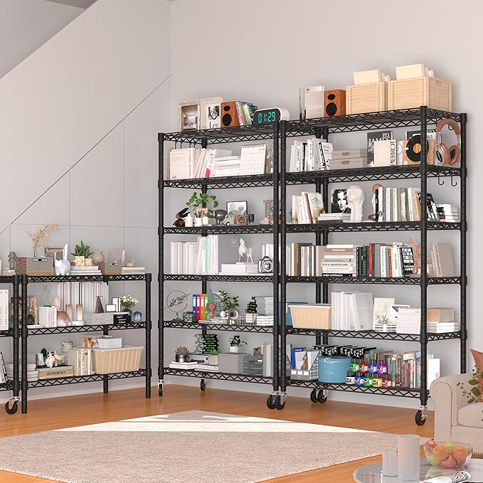 PrimeZone 6 Tier Wire Shelving with Wheels,Metal Shelf Heavy Duty Adjustable Kitchen Storage Shelves Unit, Pantry Organizer Rack Rolling for Garage Closet Laundry 36" W x 16" D x 79" H 2 Pack