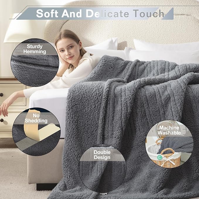 Heated Throw Blanket Double Sided Sherpa, Soft Heating Electric Blanket for Bed, Automatic Safety System, 6 Heating Levels & 4 Hours Auto-Offf, 50"x60" Dark Grey