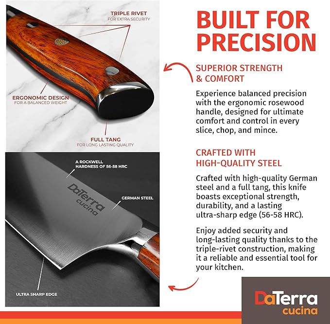 DaTerra Cucina - 8 Inch Chef Knife – German Steel Professional Kitchen Knife with Ergonomic Rosewood Handle, Sharp, Durable, Easy to Clean | Ideal for Chopping, Slicing & Dicing