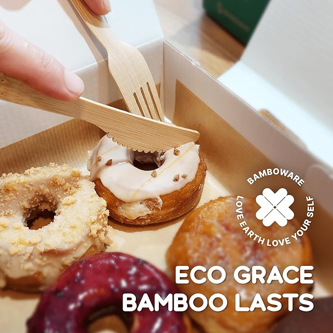 100% Bamboo Utensils - 400 Carbonized Spoons Disposable Cutlery Biodegradable and Sanitized - Heavy Duty & Fully Functional