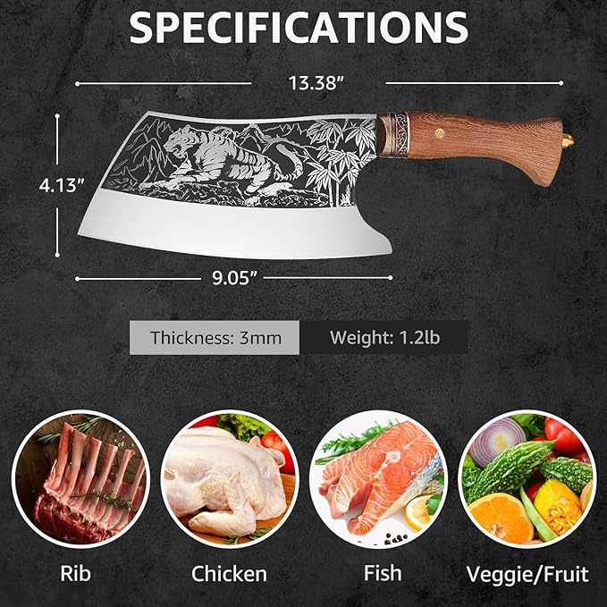 TOMBRO Meat Cleaver - 9" Butcher Knife, Heavy Duty Bone Chopper, Forged With Sheath for Meat Cutting, Ultra Sharp Carbon Steel Chinese Chef for Home & Outdoors