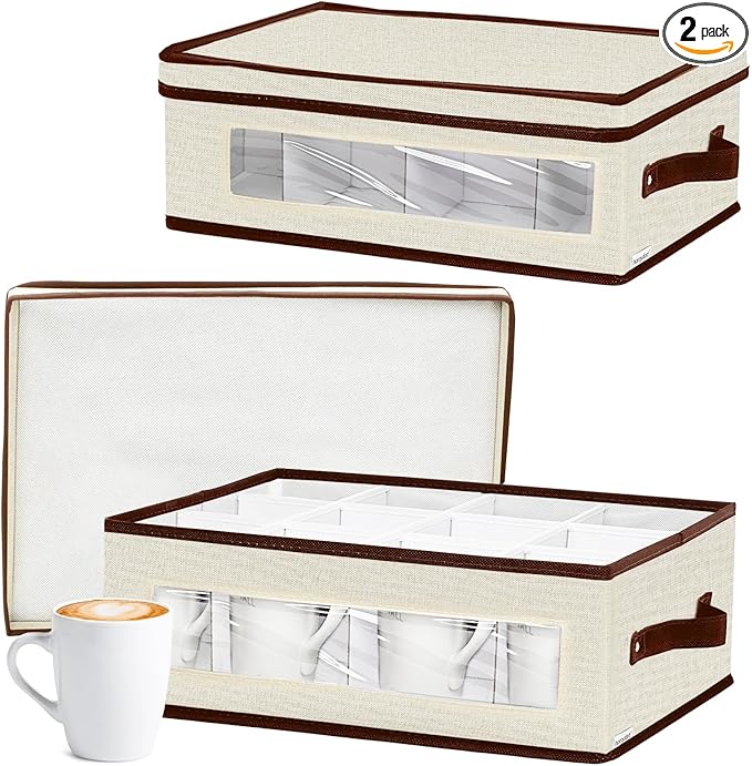 homyfort 2 Pack Mug Storage Box with Dividers, China Cup Storage Containers Organizer Hard Shell with Compartments for 24 Tea Cups and Coffee Mugs (Beige)