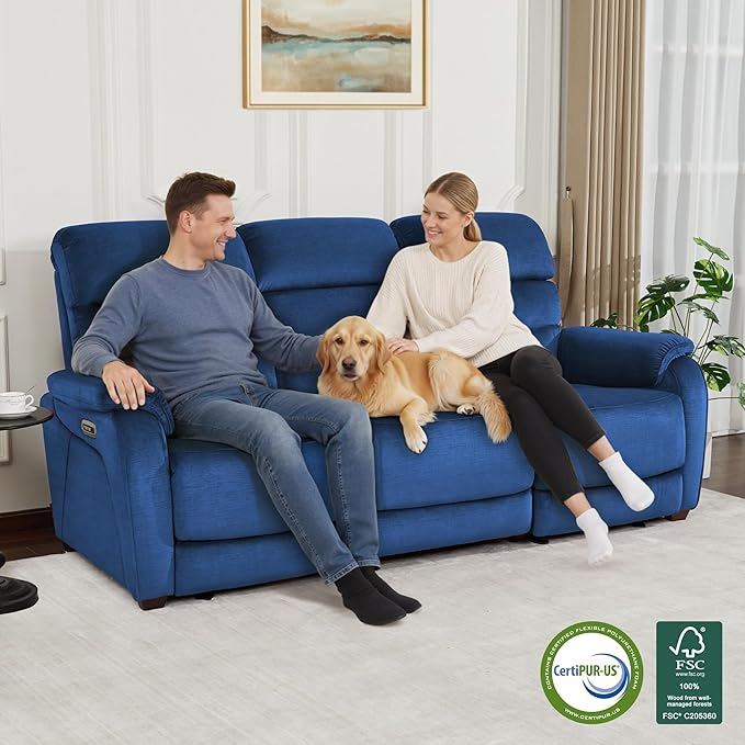 MCombo Wall Hugger Recliner Sofa with Drop Down Table, Power Reclining Sofa with Adjustable Headrest, USB A&C Charge Ports, Reading Lamp, Cup Holders, for Living Room, RVs (Fabric, ST258M3, Navy Blue)