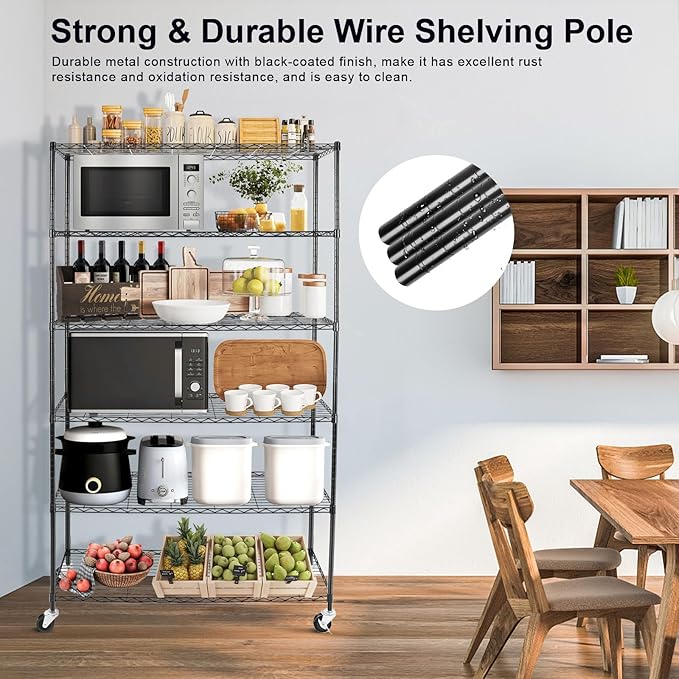 YNN Storage Shelves,2100Lbs 6 Tier Heavy Duty Metal Rolling Shelving Unit with Wheels & 8 Hooks, Adjustable Garage Wire Rack for Kitchen, Bathroom,Industrial,Pantry(36" W x 14" D x 72" H,Black)