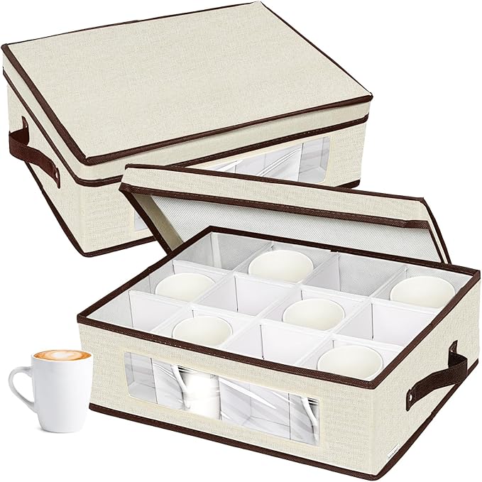 homyfort 2 Pack Mug Storage Box with Dividers, China Cup Storage Containers Organizer Hard Shell with Compartments for 24 Tea Cups and Coffee Mugs (Beige)