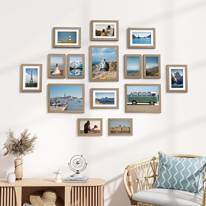 Vittanly 15 Pack Picture Frames Collage Wall Decor, Multi Sizes Including 3pcs 8x10, 6pcs 5x7 and 6pcs 4x6 Photo Frames, Gallery Frame Set for Wall or Tabletop Display, Olive Brown
