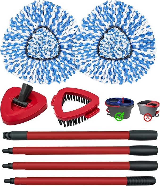 Spin Mop Handle,Mop Heads Replacements,Scrubber Mop Head and Mop Base Compatible with O-cedar RinseClean 2-Tank Spin Mop System,Mop Handle and Head Replacement Combo Set for Wet Dry Use Floor Cleaning