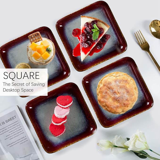 Ceramic Square Plate Sets - Dessert, Appetizer, Snack, Small Dinner Plate Scratch Resistant, Porcelain Serving Side Dish 6.3 Inch Microwave & Oven, Dishwasher Safe - Set of 4, Reactive Red