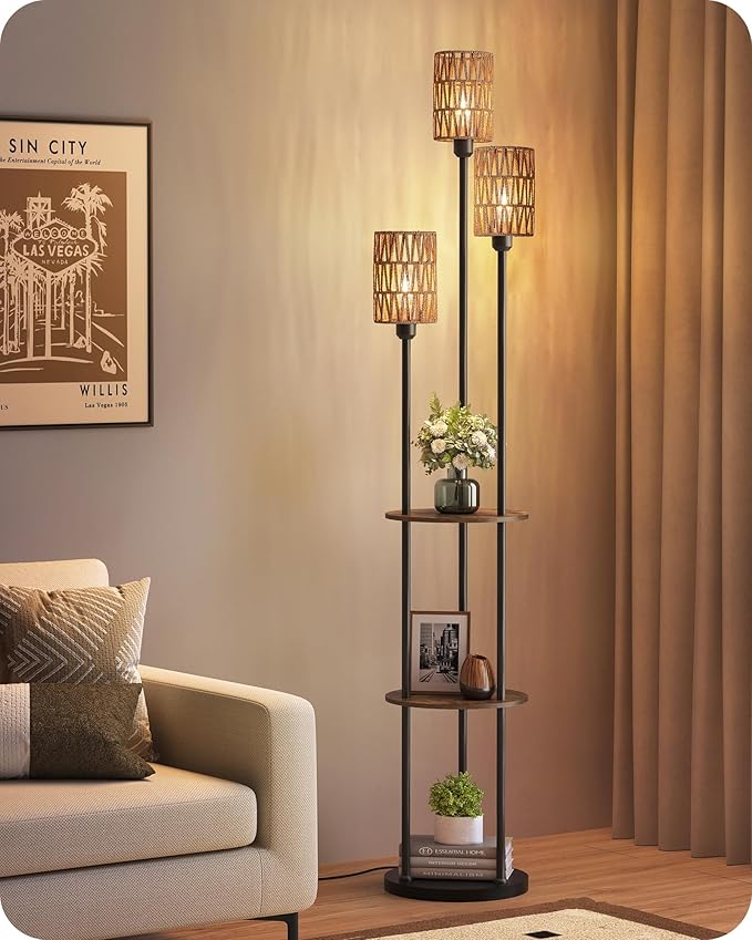 Floor Lamp with Shelves, Boho Floor Lamp with Foot Switch, 3-Light Standing Lamp, for Living Room, Bedroom, Study, Rustic Brown and Yellow YF53LD05 