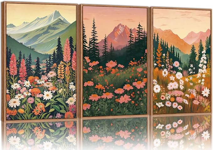 Tinonedraw Large Boho Mountain Framed Canvas Wall Art Set of 3, Colorful Wildflower Daisy Flowers Wall Decor, Bohemian Floral Forest Scenery Artwork, Modern Nature Landscape Art Prints for Bedroom Living Room Office 16"x24"