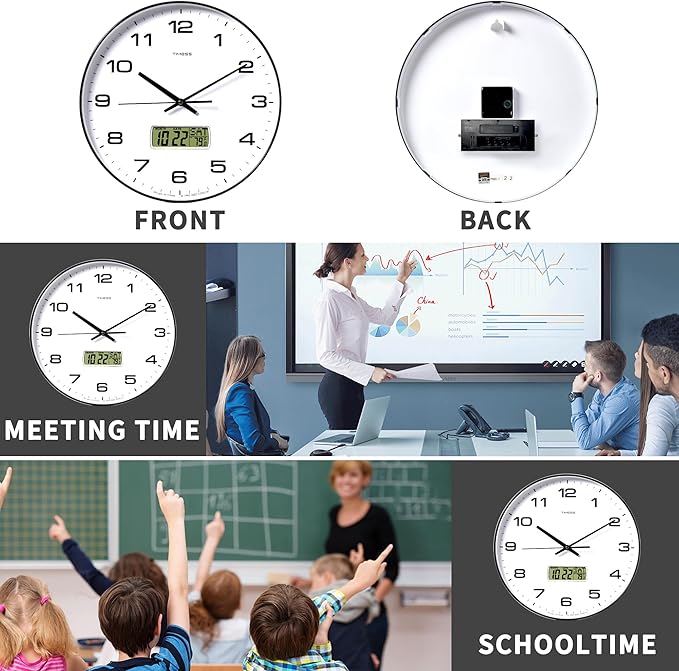 Wall Clock, 14" Large Dial Non-Ticking Silent Battery Operated Analog with LCD Display for Perpetual Calendar and F° Temperature, Ideal Modern Home, Bedroom, Office Decor (Black)