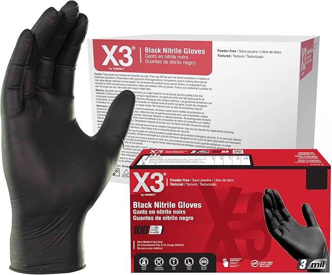 X3 Black Nitrile Disposable Industrial-Grade Gloves 3 Mil, Latex and Powder-Free, Food-Safe, Non-Sterile, Lightly-Textured