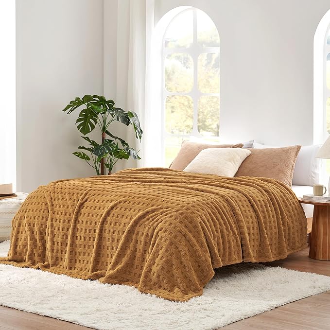 Cozy Bliss Soft Queen Size Waffle Blanket - Lightweight Cozy Blankets Gift for Women,Cute Checkered Throws Blanket for Bed, Couch and Sofa,Brown,90x90 Inches
