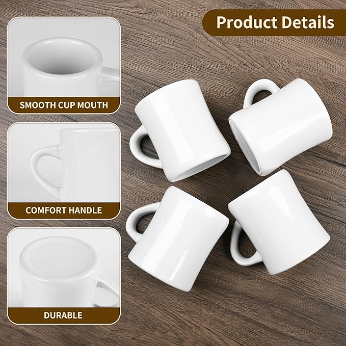 11oz White Diner Coffee Mug Set of 4 Ceramic Mugs Great for Kitchen Set, Travel, and Hot Tea (White)