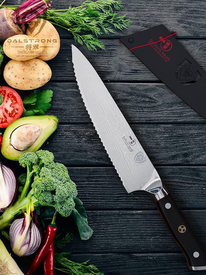 Dalstrong Serrated Chef Knife - 7.5 inch - Shogun Series Elite - Damascus - Japanese AUS-10V Super Steel - Razor Sharp Chef's Knife - Black G10 Handle - w/Sheath