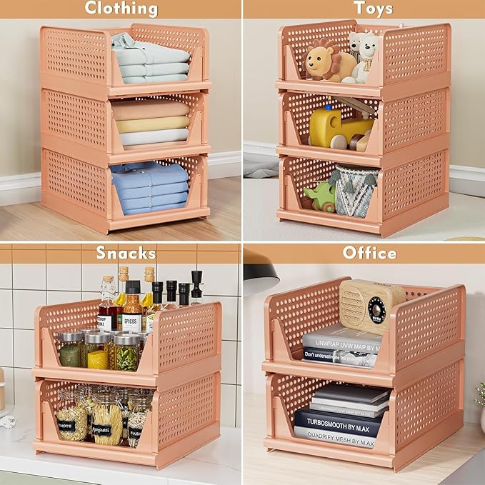 5 Pack Folding Closet Organizers Storage Box, Stackable Storage Bins, Plastic Drawer Basket Closet Storage for Wardrobe Cupboard Kitchen Bathroom Office 5L (Pink)