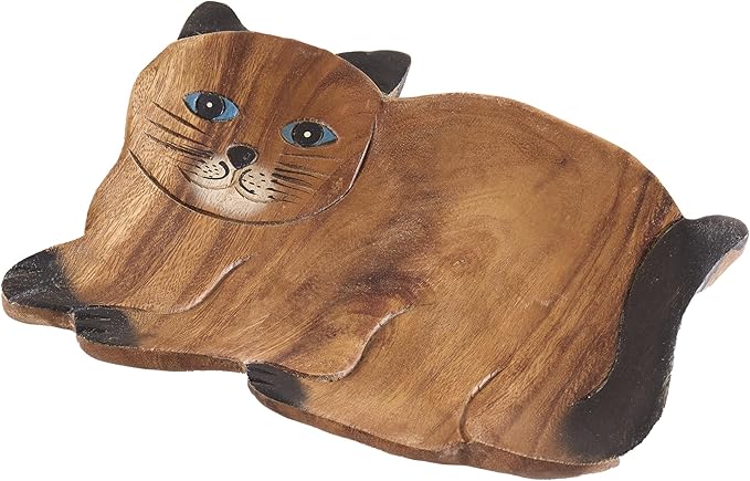 Handcrafted Cat Shaped Decorative Tray, Authentic Thai Wood with Vibrant Hand-Painted Details, Unique Artisan Serving Tray for Home Decor & Display
