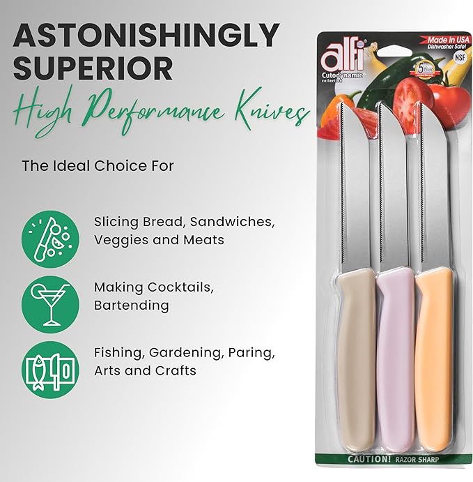 Alfi All-Purpose Knives Aerospace Precision Pointed Tip - Home And Kitchen Supplies - Serrated Steak Knives Set | Made in USA (Bahama Blue)