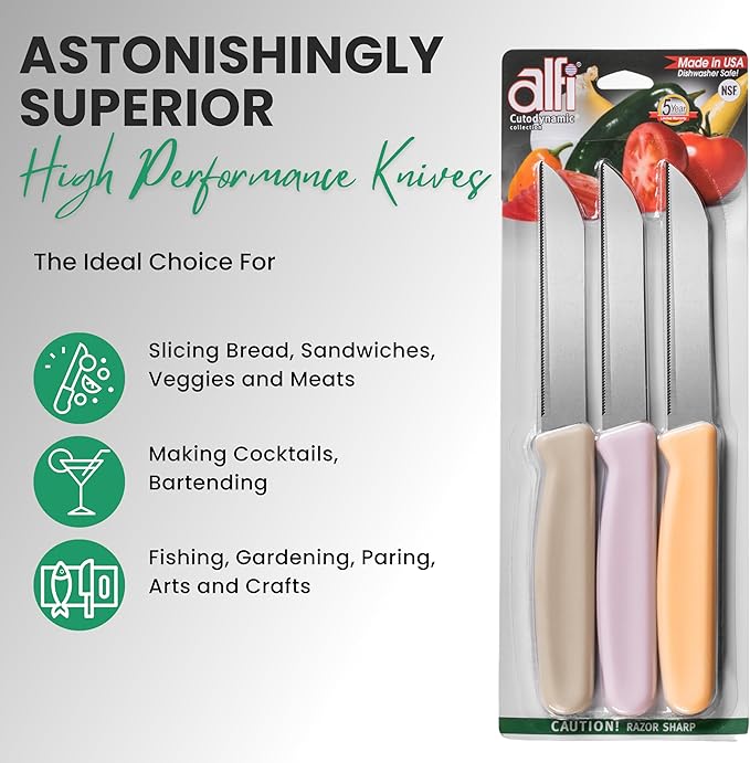 Alfi All-Purpose Knives Aerospace Precision Pointed Tip - Home And Kitchen Supplies - Serrated Steak Knives Set | Made in USA (Loquat, Myrtille, Lavendar)