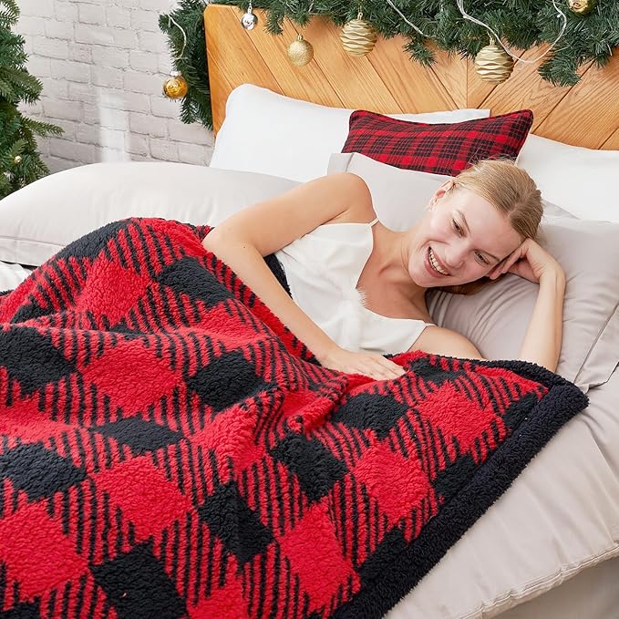 Cozy Bliss Luxury Sherpa Throw Blanket for Couch, Premium Reversible Buffalo Plaid Thick Throw, Warm Cozy Soft Blanket for Home and Gifts (Red/Black Buffalo Check, 50" x 60")