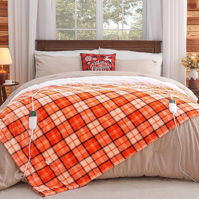 Heated Electric Blanket Queen Size, 84X90 Heating Blanket Queen with Dual Control&10 Heats Levels&Timer for Bed,Orange Plaid Sherpa Blankets Warmer Gift for Grandma Women Halloween Home Decor, ETL