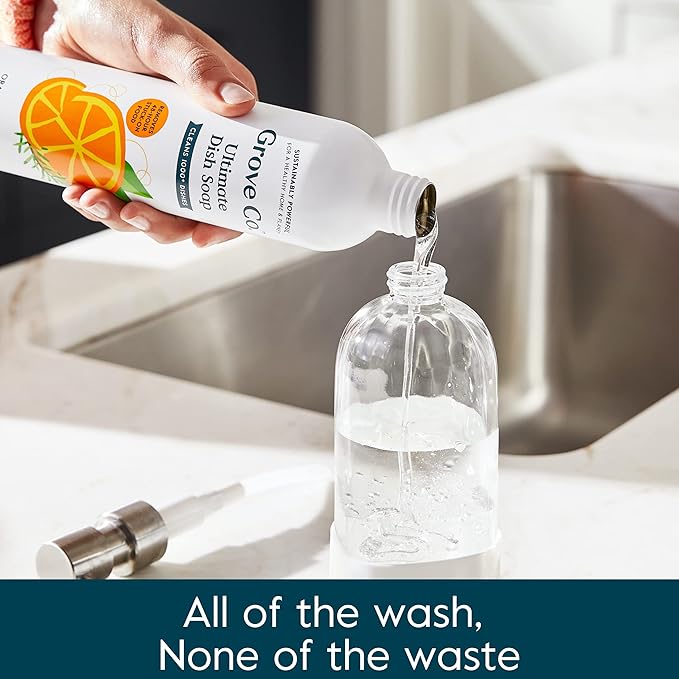 Grove Co. Ultimate Dish Soap Refills (3 x 16 Fl Oz) + Refillable Glass Dish Soap Dispenser for Kitchen Sink with Non-Slip Silicone Sleeve, Plastic Free Cleaning Products, Orange & Rosemary