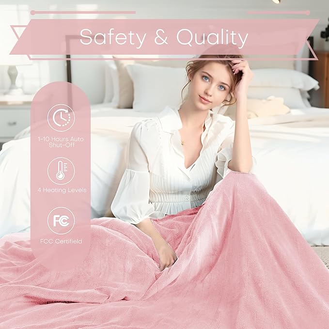 Electric Heated Blanket King Size 90"x100" - Coral Fleece & Sherpa Fabric Dual-Sided, 4 Heat Settings & 10 Hours Auto Off, Soft Warming Throw for Home, Office, or Bed, Machine Washable, Light Pink