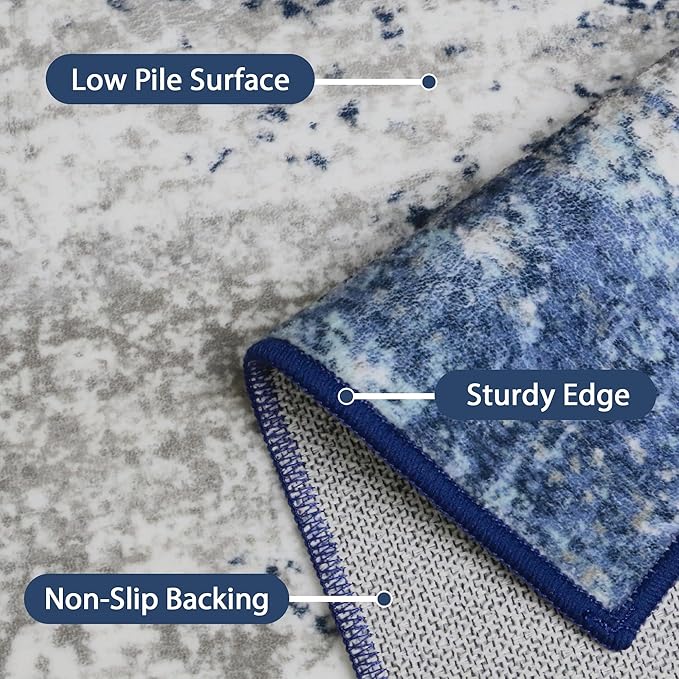 GENIMO 8x10 Area Rugs, Machine Washable Rugs for Living Room, Non Slip Indoor Modern Rug,Low Pile Lightweight Blue Print Carpet for Bedroom Dining Room Home Office, Blue Ivory