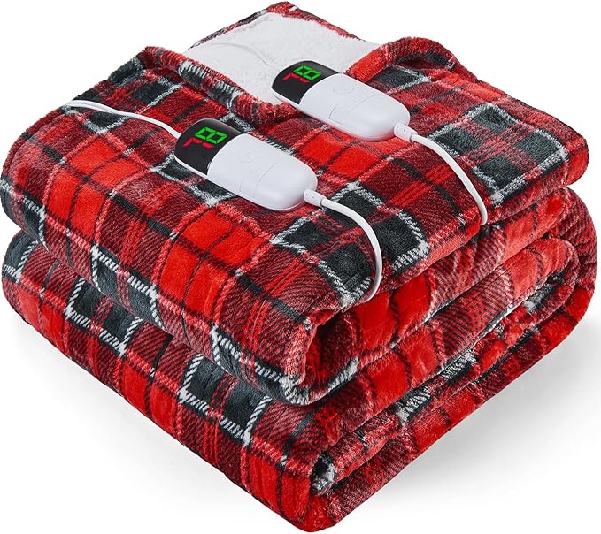 Electric Heated Blanket King Size, 90X100 Christmas Blanket with Dual Control&10 Heats Levels&Timer for Bed,Large Red Plaid Soft Sherpa Heating Blankets Warmer Gifts for Grandma Women Adults, ETL