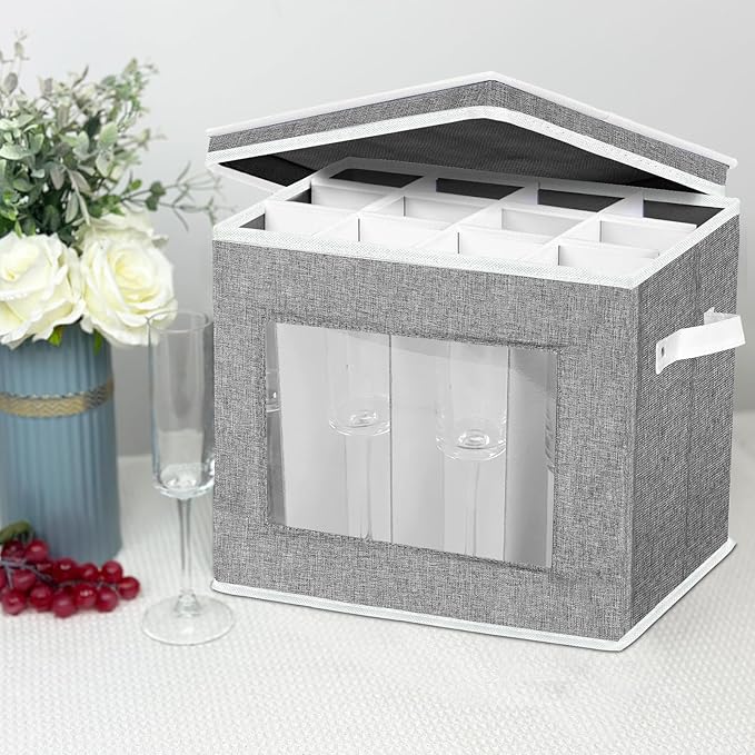 homyfort Grey Stemware Storage Case Organizer - Hard Shell Champagne Flute Storage Box with Dividers for 12 Crystal Glasses