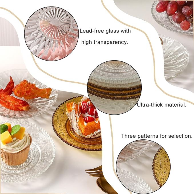 WHJY 6 Inch Clear Glass Plates 4 Pack Vintage Dinnerware Set Clear Floral Textured Dinner Plates for Home Party Wedding Crystal Glass Dishes for Fruit Salad Appetizer Dessert