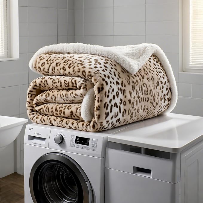 Electric Heated Blanket Throw Size 50"x60" - Microplush & Sherpa Fabric Dual-Sided, 6 Heat Settings & 3 Hours Auto Off, Cozy Warming Throw for Office or Bed, Machine Washable, Beige Leopard Print
