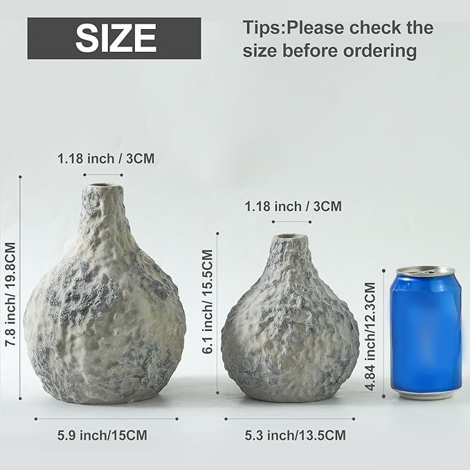 Stone Vases Set of 2, Ceramic Bud Vase Minimalist Vases for Pampas Grass,Modern Vase for Wabi Sabi Home Decor, Shelf Decoration,Fireplace Decor,Coffee Table Decor