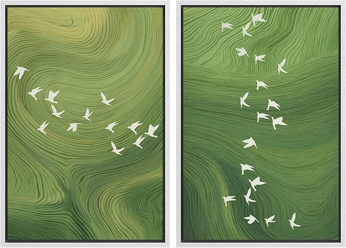 SIGNFORD Framed Canvas Print Wall Art Set Green Swirl Abstract White Birds Illustration Modern Art Decorative Nordic Nature for Living Room, Bedroom, Office - 24"x36"x2 White