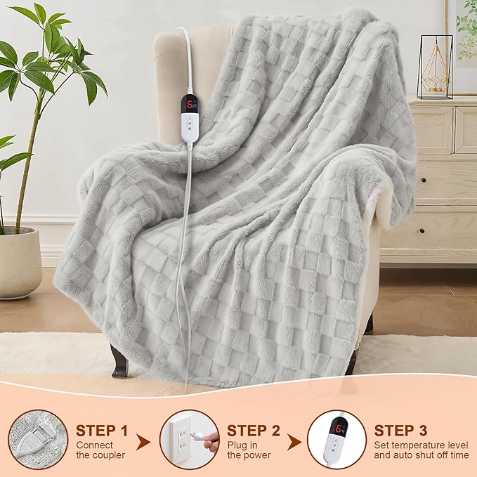 Electric Heated Throw Blanket - Jacquard Checkered Sherpa 50"x60" Fast Heating Bed Blankets with 6 Heating Levels & 4 Hours Auto Off, Over-Heat Protection ETL, Light Gray