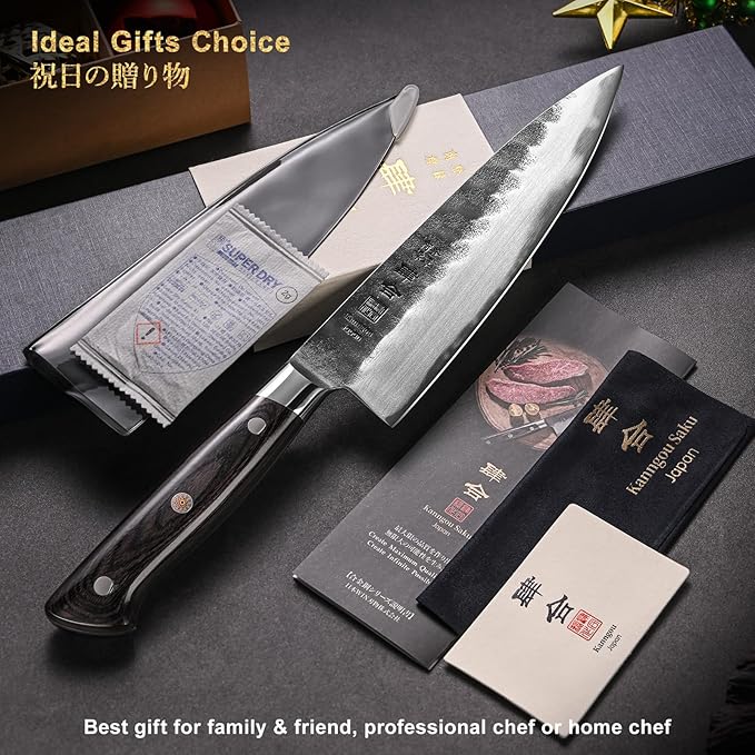 8 Inch Chef Knife, Japanese Chefs Knife Black Forged Kitchen Knife with AUS-8 Alloy Steel and Full Tang Pakkawood Handle, Christmas Gift with Premium Box