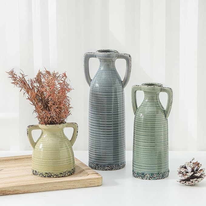 Ceramic Vase Set of 3 with Handles - Farmhouse Vase Set for Modern Decoration, Rustic Crackle Round Vases for Home Decor, Dining Table, Living Room, Kitchen, Office, Shelf - Multicolor